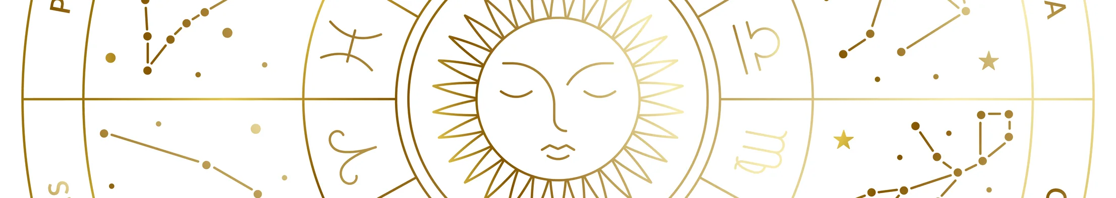 Golden zodiac wheel with constellations and the sun