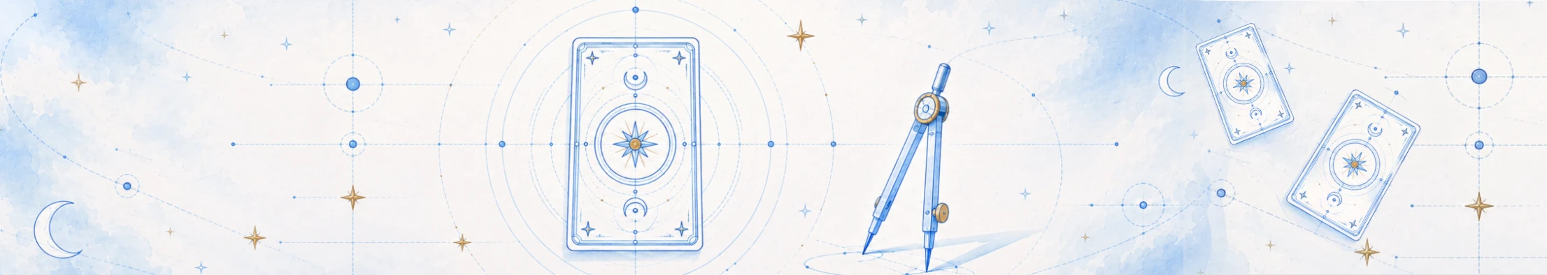 Free readings visual concept with cards, stars, and a drafting compass