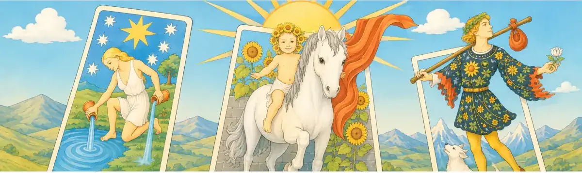 AniMagic Tarot artwork with Rider-Waite cards, the sun, and the Fool