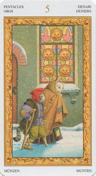 Five of Pentacles in the deck Tarot of White Cats