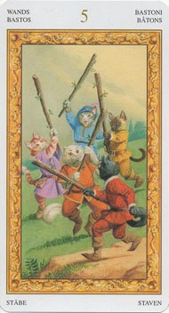 Five of Wands in the deck Tarot of White Cats