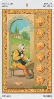 Eight of Pentacles in the deck Tarot of White Cats