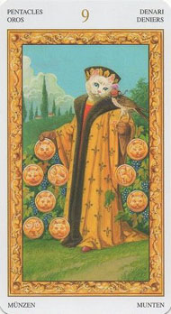 Nine of Pentacles in the deck Tarot of White Cats