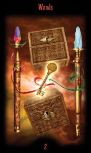 Two of Wands in the deck Legacy of the Divine Tarot