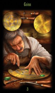 Three of Pentacles in the deck Legacy of the Divine Tarot