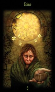 Five of Pentacles in the deck Legacy of the Divine Tarot