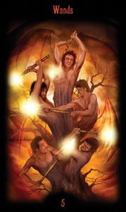 Five of Wands in the deck Legacy of the Divine Tarot