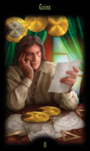 Eight of Pentacles in the deck Legacy of the Divine Tarot