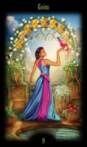 Nine of Pentacles in the deck Legacy of the Divine Tarot