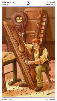 Three of Pentacles in the deck Tarot of the 78 Doors