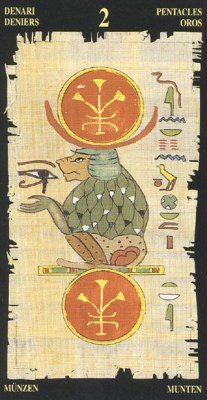 Two of Pentacles in the deck Egyptian Tarot