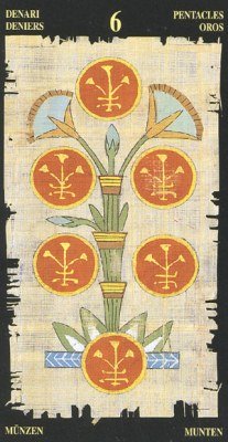 Six of Pentacles in the deck Egyptian Tarot