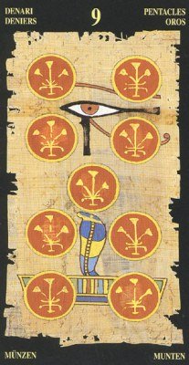 Nine of Pentacles in the deck Egyptian Tarot