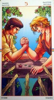 Five of Wands in the deck Wheel of the Year Tarot