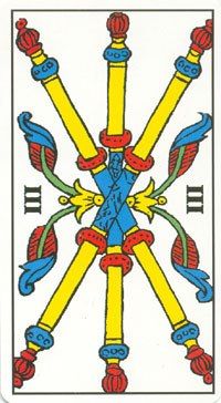 Three of Wands in the deck Tarot de Marseilles