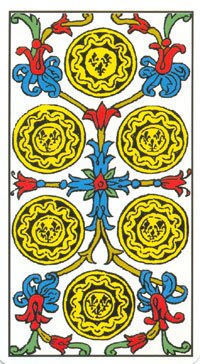 Six of Pentacles in the deck Tarot de Marseilles