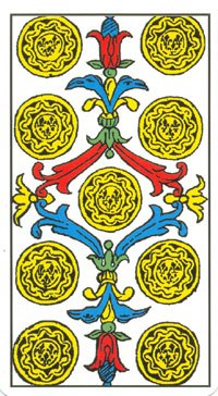 Nine of Pentacles in the deck Tarot de Marseilles