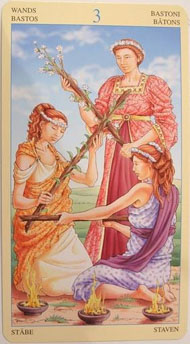 Three of Wands in the deck Universal Goddess Tarot