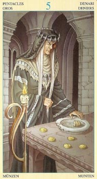 Five of Pentacles in the deck Universal Goddess Tarot