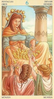 Six of Pentacles in the deck Universal Goddess Tarot