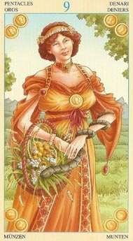 Nine of Pentacles in the deck Universal Goddess Tarot