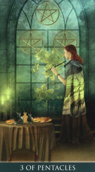 Three of Pentacles in the deck Thelema Tarot