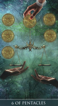 Six of Pentacles in the deck Thelema Tarot