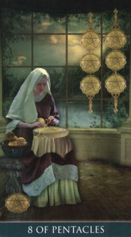 Eight of Pentacles in the deck Thelema Tarot