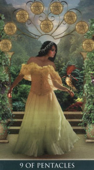 Nine of Pentacles in the deck Thelema Tarot