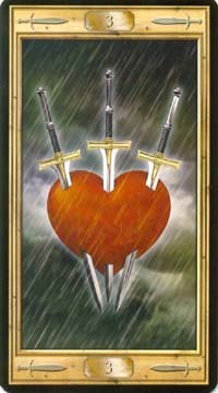 Three of Swords in the deck The Pictorial Key Tarot