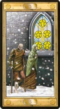 Five of Pentacles in the deck The Pictorial Key Tarot