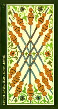 Seven of Wands in the deck Visconti-Sforza Tarot