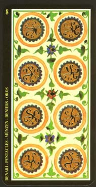 Eight of Pentacles in the deck Visconti-Sforza Tarot