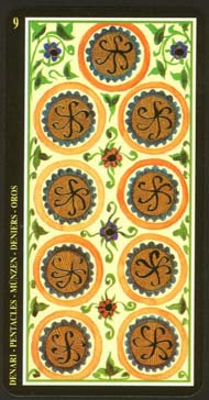 Nine of Pentacles in the deck Visconti-Sforza Tarot