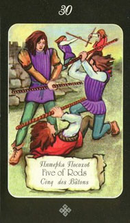 Five of Wands in the deck Era of Aquarius Tarot