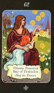 Nine of Pentacles in the deck Era of Aquarius Tarot