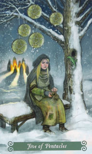 Five of Pentacles in the deck Green Witch Tarot