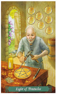 Eight of Pentacles in the deck Green Witch Tarot