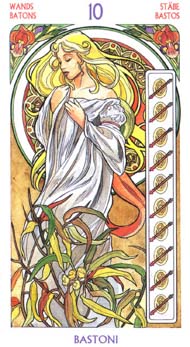 Ten of Wands in the deck Tarot Art Nouveau by Antonella Castelli 