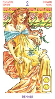 Two of Pentacles in the deck Tarot Art Nouveau by Antonella Castelli 