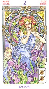 Two of Wands in the deck Tarot Art Nouveau by Antonella Castelli 