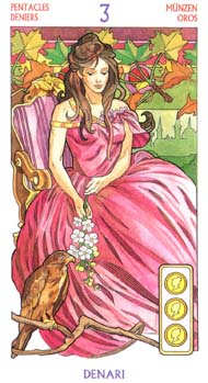 Three of Pentacles in the deck Tarot Art Nouveau by Antonella Castelli 