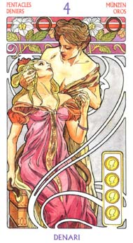 Four of Pentacles in the deck Tarot Art Nouveau by Antonella Castelli 