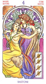 Four of Wands in the deck Tarot Art Nouveau by Antonella Castelli 