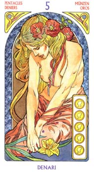 Five of Pentacles in the deck Tarot Art Nouveau by Antonella Castelli 