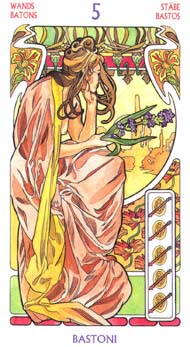 Five of Wands in the deck Tarot Art Nouveau by Antonella Castelli 