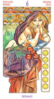 Six of Pentacles in the deck Tarot Art Nouveau by Antonella Castelli 