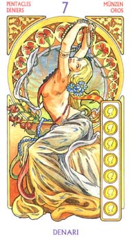 Seven of Pentacles in the deck Tarot Art Nouveau by Antonella Castelli 