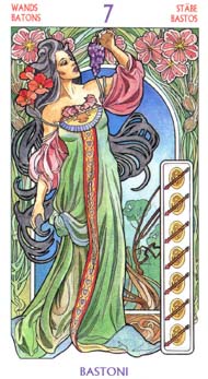 Seven of Wands in the deck Tarot Art Nouveau by Antonella Castelli 