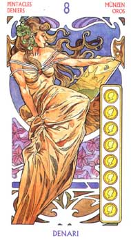 Eight of Pentacles in the deck Tarot Art Nouveau by Antonella Castelli 